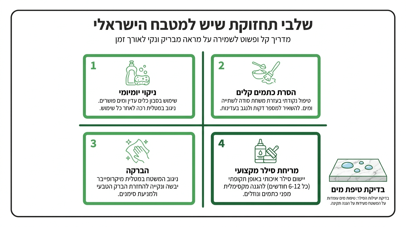 מדריך תחזוקה תקופתית, מניעה ושיקום לשיש מטבח