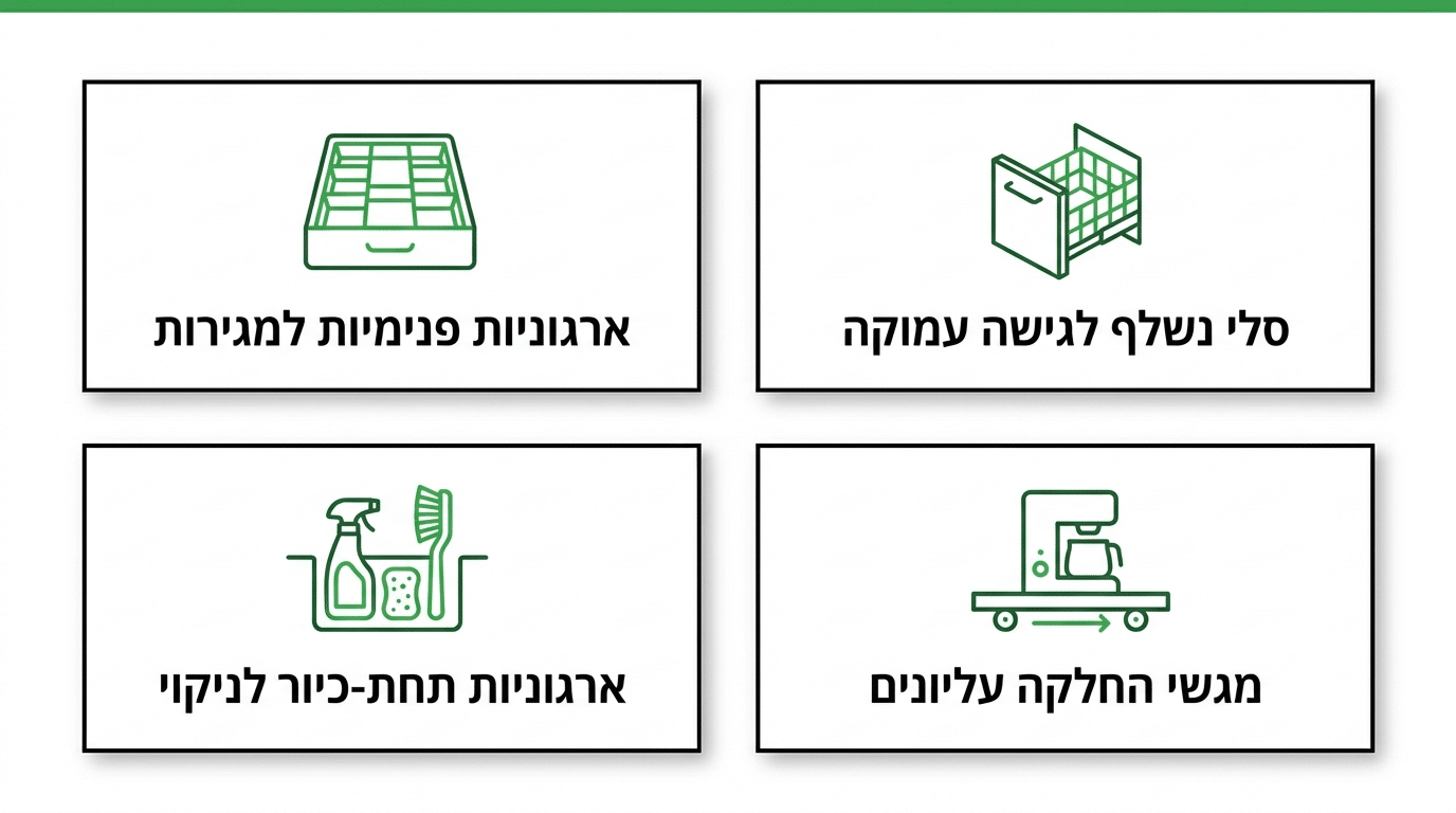 סוגי פתרונות אחסון למטבח - מפת דרכים לארגון
